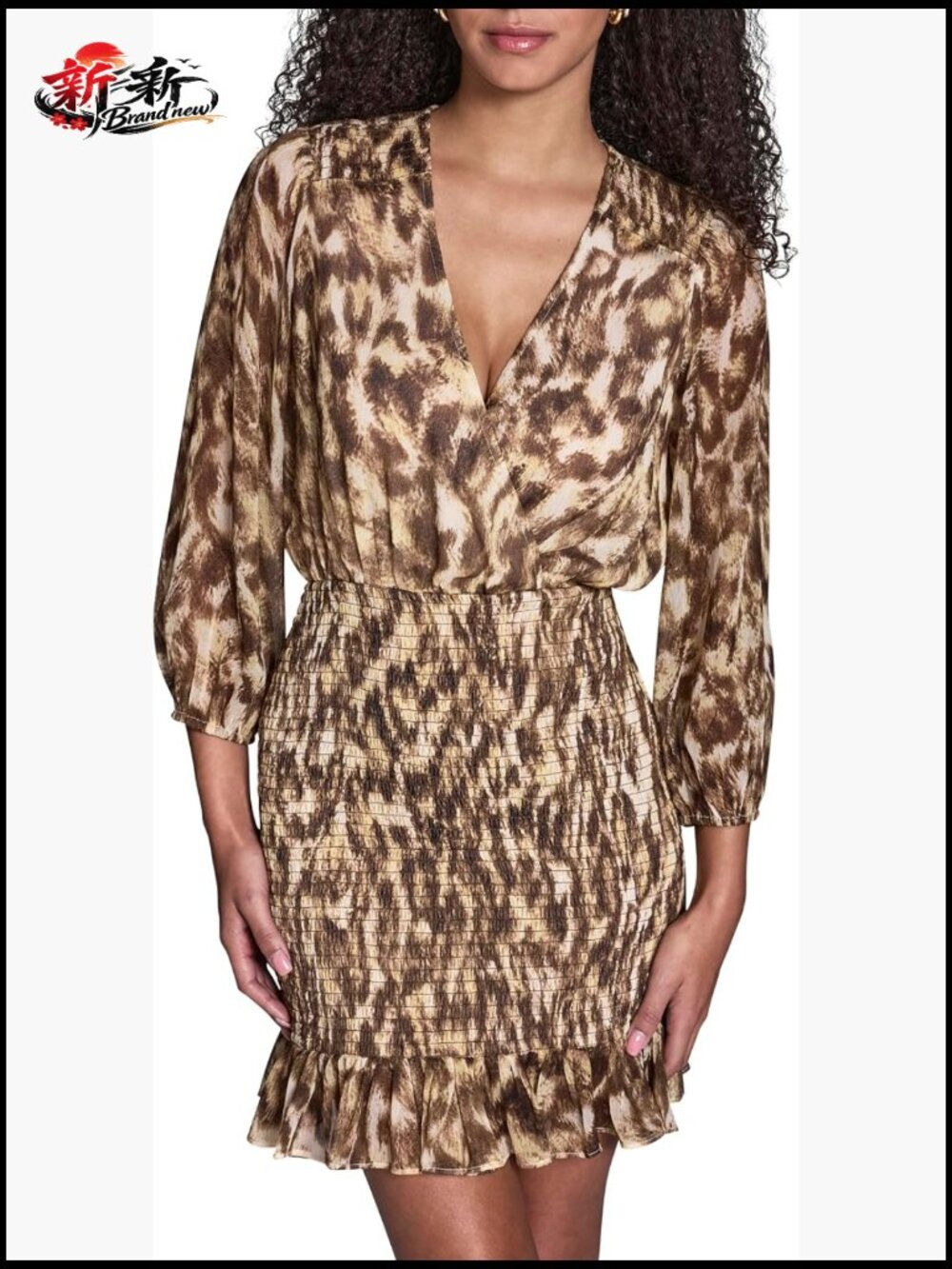 Long Sleeve V Neck Smocked Chiffon Ruffle Hem Mini Dress